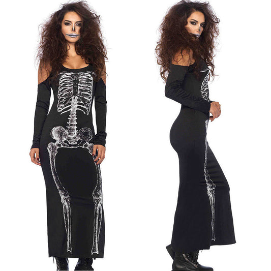 Adults Women Sexy Off Shoulder Skeleton Halloween Cosplay Costume Long Dress