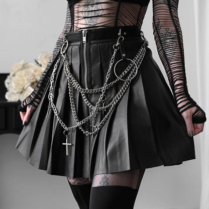 Punk A-line pleated skirt with decorative cross ring chain