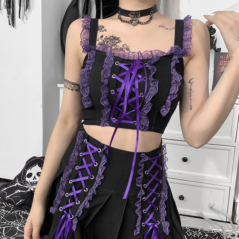 Gothic aesthetic purple lace ribbon skirt k0032