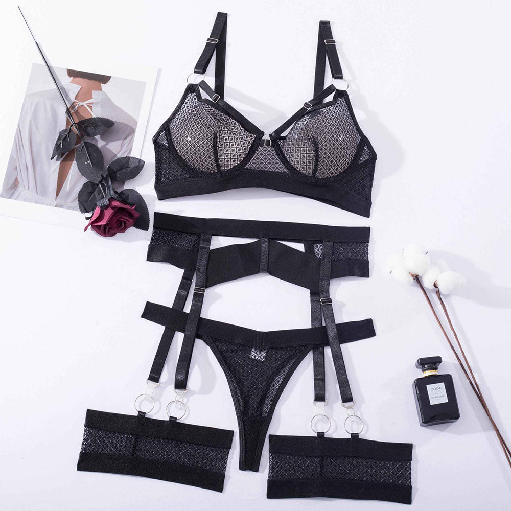 Fashion fishnet with underwire garter belt four-piece sexy lingerie set