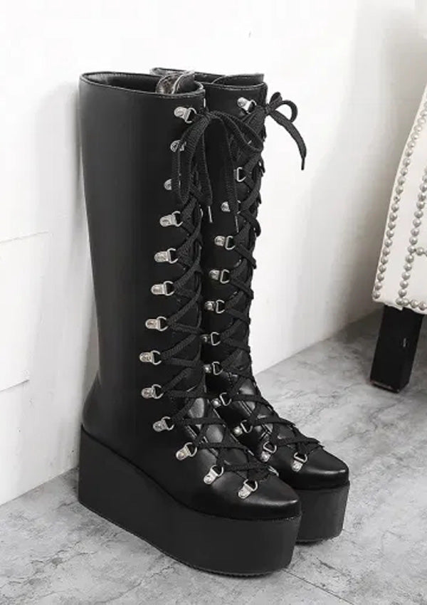 Gothic Rivet Wedges High Heels Lace Up Knee Boots 