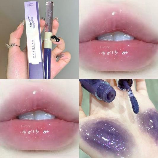 Tineit Purple Glitter Water Light Lip Gloss Lip Glaze Double-End Mirror Liquid Lipstick Not Fade Lip Tint Lasting Moisturizing Cosmetic