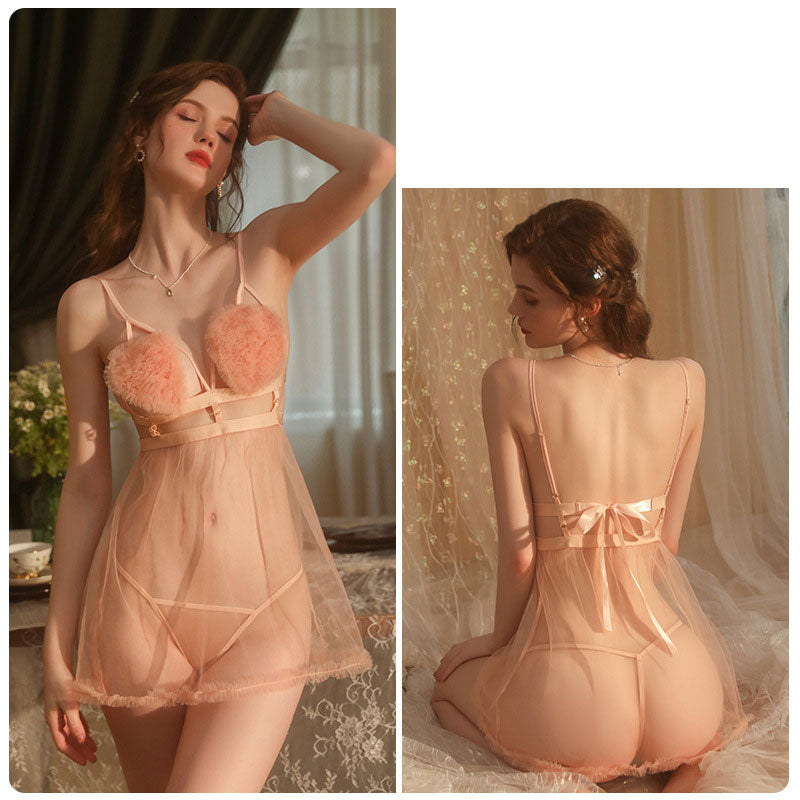 Sexy Lingerie Plush Pajamas Mesh Perspective Temptation Sling Nightdress