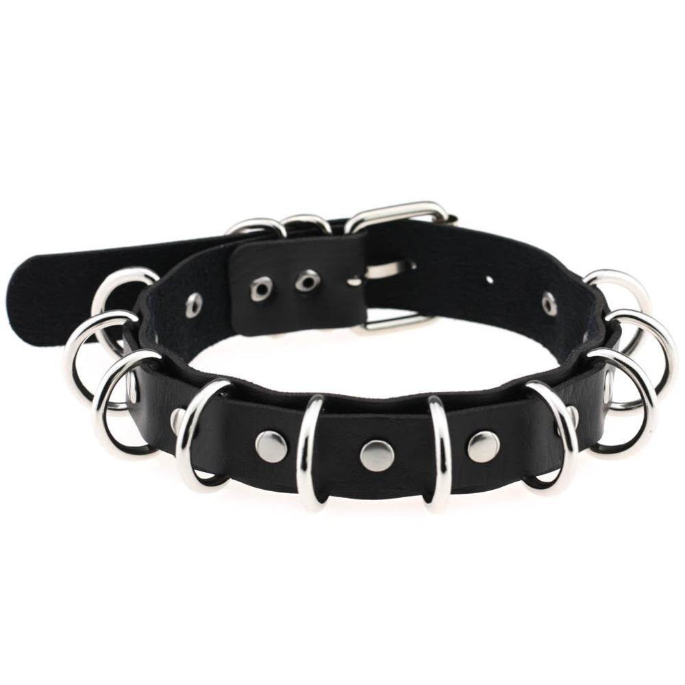 Faux Leather Choker with Metal Rings in Goth Accessories / Vintage Rock Fashion Punk Jewelry