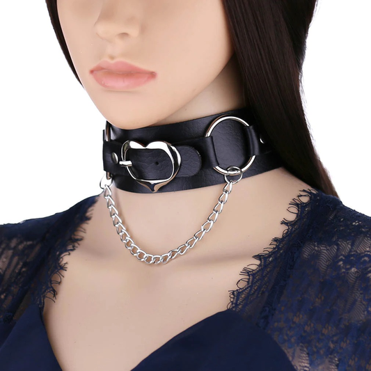 Goth Leather Heart Choker with Chain / Punk Adjustable Collar For Girl / Jewelry Accessories