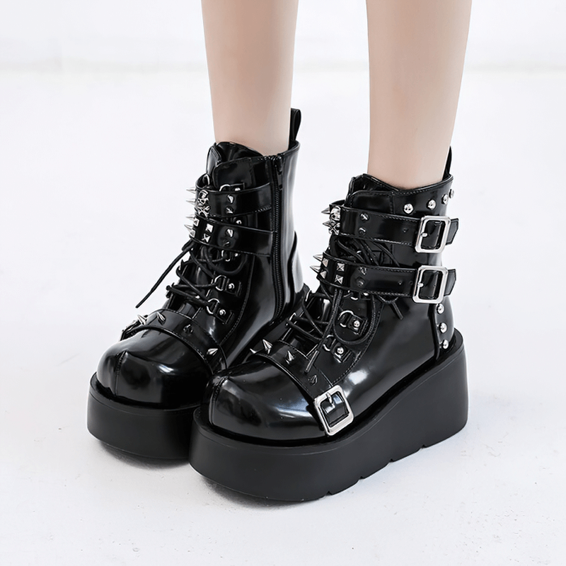 Gothic Buckles Platform Ankle Boots / Fashion Rivets Lace-Up Punk Shoes for Women