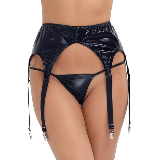 Sexy Women's Patent Leather Garter Panty / Ladies Panty with High Wais Clip Suspender