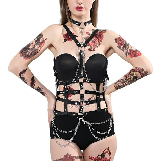 Women's Adjustable Body Harness With Chains / BDSM Bondage PU Leather Suspenders / Sexy Chest Garter