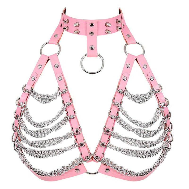 Women's Chest Chain In Gothic Style / PU Leather Body Harness With Metal Spikes In 4 Colors